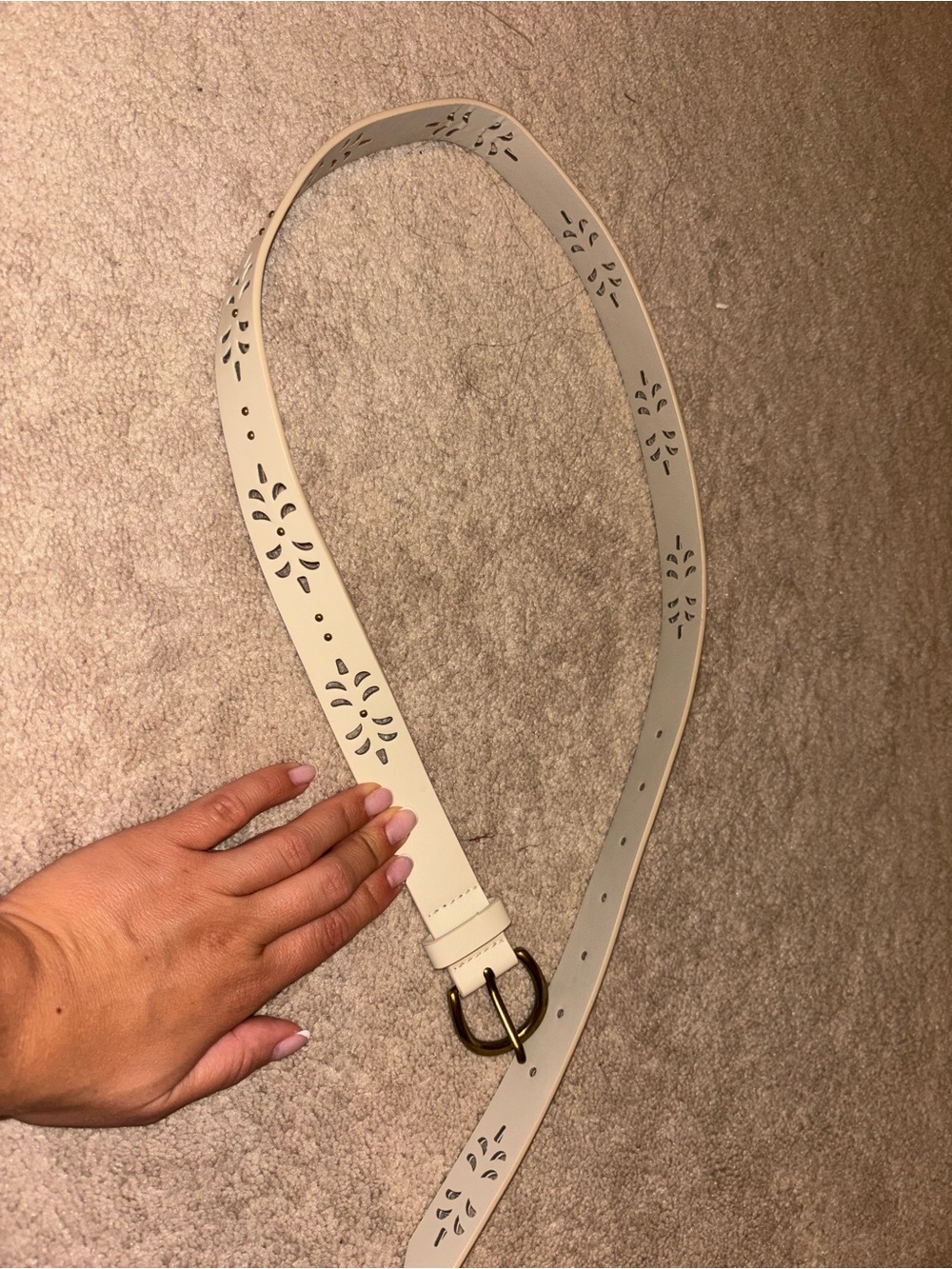 Women’s Cream Cutout Leather Belt with Gold Buckle